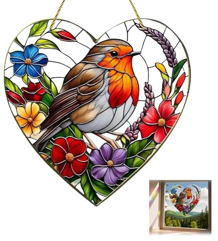 Large Heart-Shaped Robin Suncatcher, 2D Acrylic Window Ornament | Flat Hanging Decoration For Gardens, Homes, Parties And Bird-Lover Gifts