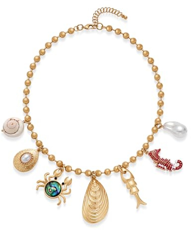 CLASSYZINT Shell Necklace for Women Gold Bead Necklace with 7 Charms Shell Fish Seahorse Crab Pearl Ocean Jewelry Adjustable Boho Beach Necklace