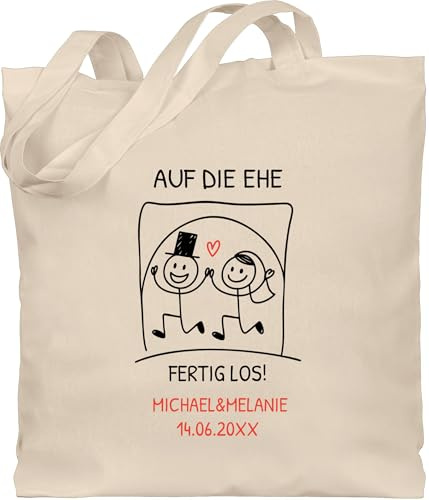 Geschenk mit Namen personalisiert by Shirtracer - Baumwolltasche - Hochzeit Taschen - Auf die Ehe, fertig los! - personalisiert Hochzeitsgeschenk Braut und Bräutigam
