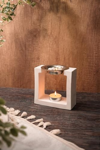 Minimalist Square Frame Wax Melt Burner, White Ceramic Tea Light Candle Holder with Removable Metal Dish
