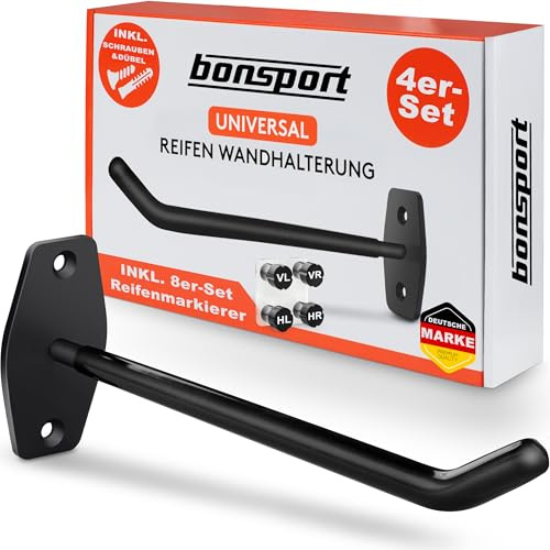 bonsport Wandhaken Reifen 4er Set - Belastbar bis 25kg - Autoreifen Wandhalterung für 4 Felgen - Reifenhalter Felgenhalter Wand Halterung - Reifen Aufhänge Garage