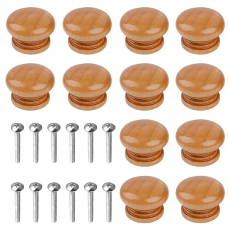 Set of 12 with Fixing Screws, Wooden Drawer Knobs for Kitchen Cupboard