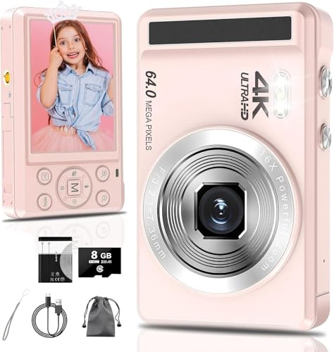 4K Digital Camera, 64MP 2.8 Inch UHD Compact Cameras with 16X Digital Zoom, Autofocus Selfie Rechargeable Vlogging Cameras with 1200mAh Battery, Micro SD Card, for Teens Students Kids Boys Girls