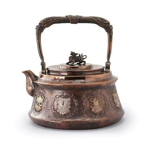 MotiveTech Bouilloire en Cuivre Pur Théière Cafetière Pichet Finition Vintage Ornée et Poignée Confort Utilisable pour Faire Bouillir l'Eau et Infuser Adaptée pour Pause Thé Réunion Décoration
