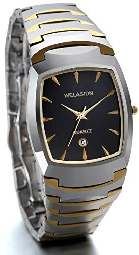 JewelryWe Herrenuhr Wolfram Rechteckige Uhr: Luxus Edle Kalender Analog Quarz Armbanduhr Herren Wolframcarbid Business Casual Uhr mit Schwarz Eckigem Zifferblatt Gold/Silber Geschenk für Männer
