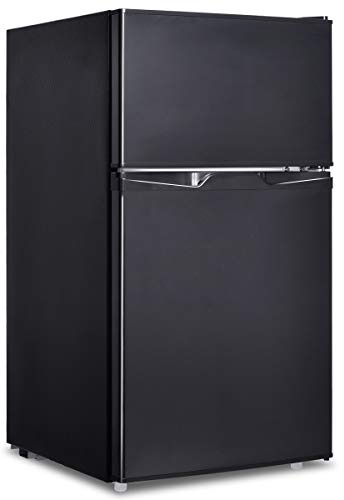 GOPLUS 85L Kühlschrank mit Gefrierfach, Standkühlschrank mit 2 Türen & Verstellbaren Füßen & LED-Leuchten, Kühl-Gefrier-Kombination mit 7 einstellbaren Temperaturen, Für Zuhause und Büro
