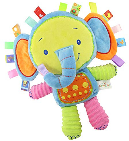StoHua Baby Tags Toy, Taggie Security Blanket Elephant Stuffed Toy, Baby Plush Sensory Tag with Ribbons & Rattle, Toddler, Newborns, Infant