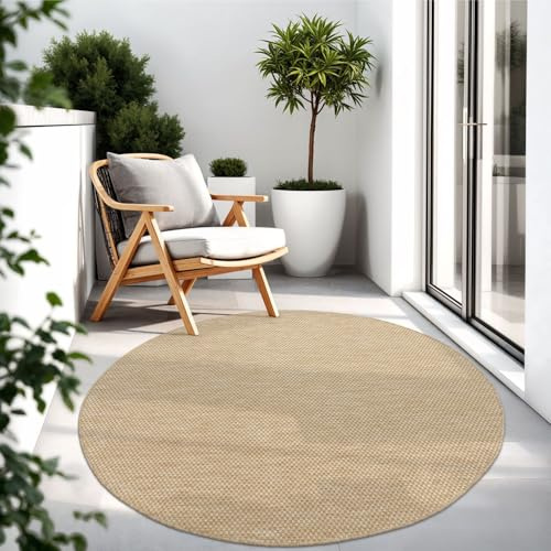 TT Home Teppich Für Outdoor Wetterfest Küchenteppich Balkon Terrasse Unifarbenes Design Modern, Farbe: Natur, Größe:120 cm Rund