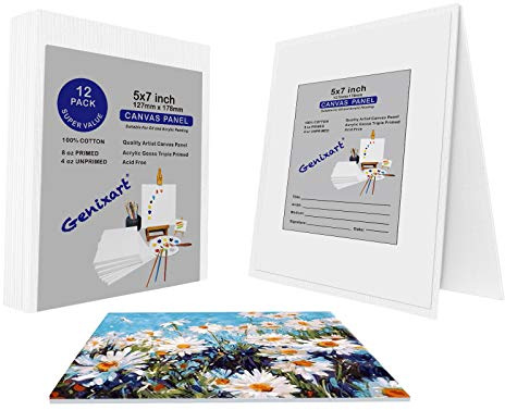 Genixart Vita tomma tygpaneler, 13 x 18 cm/5 x 7 tum 12-pack, grundade professionella konstnärsdukar tavlor för akryl- och oljemålning