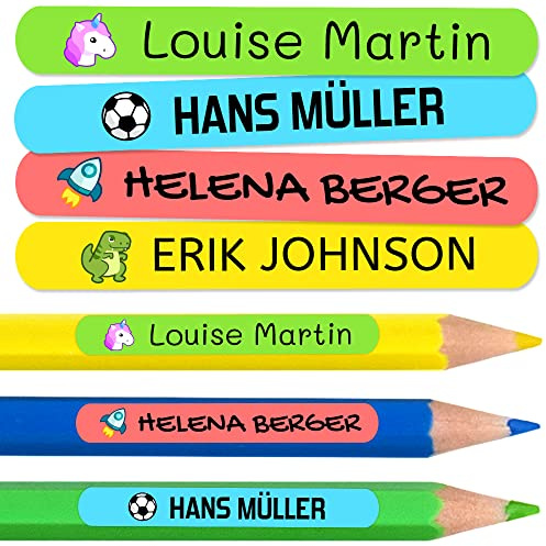 Namensaufkleber Kinder für Schule (50 Stück) - Personalisierte Aufkleber mit Namen für Stifte und Bleistift. Farbige Etiketten wasserfest. Größe 4,6 x 0,6 cm.