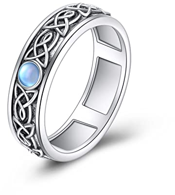 POPLYKE Angst Spinner Ringe Sterling Silber Mondstein Keltischer Ring Drehbar Stimmungs Ringe Stress Abbauen Schmuck Geschenke für Frauen(Größe 8)
