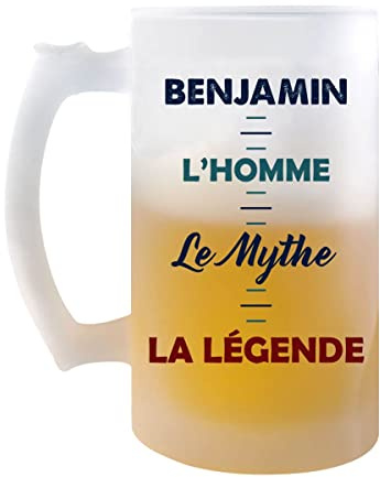 Planetee Chope de bière Benjamin Mythe Légende - cadeau idée anniversaire Fête des Pères Humour - Verre givré 470 ml avec poignée Alcool Pinte