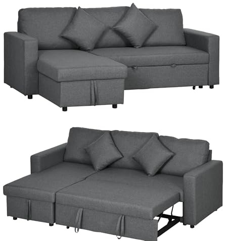 HOMCOM Corner Sofa Bed with Storage, 3 Seater L Shape Sofa, Dark Grey | Pull Out Bed, Convertible Couch, Reversible Chaise Lounge, Living Room