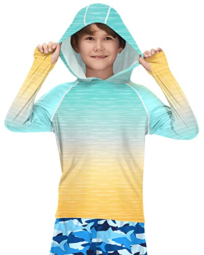 BesserBay Kinder Blau Gelb Jungen UV Shirt mit UV-Shutz UPF 50+ Bademode Kapuzen Schwimmshirt Rashguard 160