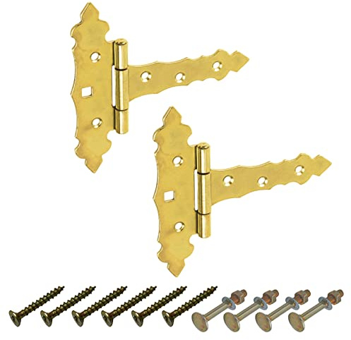 BRESKO Kreuzgehänge dekorativ Ladenband Scharnier T Bänder Torband Türbänder verzinkt 2er Set mit Schrauben (Gelb, 100x35x130 mm)