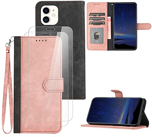 Hoyoikun Handyhülle Kompatibel Mit iPhone 12 MINI,[Verschenke 2 Stück Full Screen Schutzfolie],Premium PU Leder Flip Case,Magnetverschluss,Standfunktion, Kartenschlitz-Rosa
