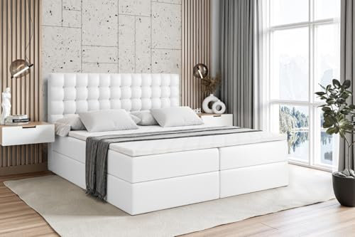 ALTDECOR Boxspringbett mit Matratze und Lattenrost, Boxbett, Topper, Polsterbett mit Bettkasten, Bett mit Stauraum H4-Matratze, Doppelbett, Springboxbett - VIONE - 180x200 - Weiß Kunstleder