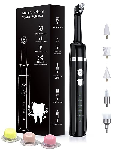Tooth Polisher, Rechargeable Tooth Whitening Kit for Teeth Cleaning and Whitening, with 3 Tooth Polish Paste and 5 Brush Heads, LED Light, Easy to Use at-Home Personal Dental Care Kit (Black)