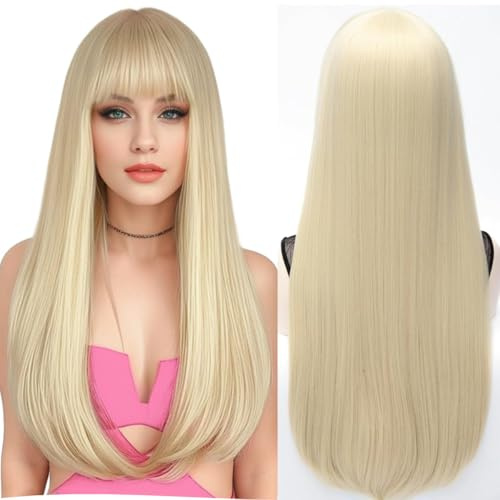 PORSMEER Lange Gerade Glatt Blond Perücken mit Pony für Frauen Natürliche Kunsthaar Halloween Perücke für Tägliche Party Cosplay Verwendung 70 cm