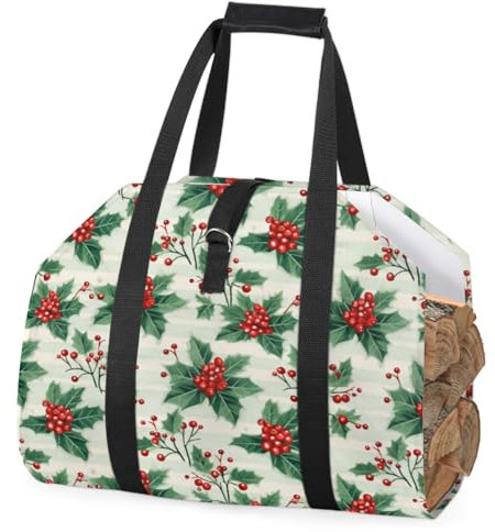 Transportador de troncos de leña de hojas de acebo de Navidad con asa, bolsa de almacenamiento de leña de gran capacidad, bolsa de transporte de madera, chimenea, accesorios para estufa de leña,