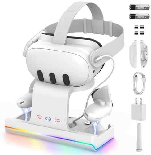 GEEKERA Charging Dock Compatible with Meta Quest 3 Magnetic VR Charging Station with LED Light, Charging Stand for Headset Quest3 Accessories, 2 Rechargeable Batteries, with 18W Adapter