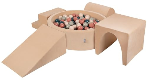 KiddyMoon Spielplatz Velvet Aus Schaumstoff Mit Samt Rund Bällebad (300 Bälle) Ballgruben Für Babys Spielbad Hindernisläufen, Sandbeige:Dunkeltürkis/Pastellbeige/Grüngrau/Lachsfarben