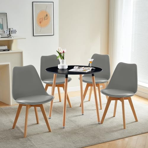 LafeuR Esstisch mit 4 Stühlen Essgruppen, Esszimmergruppe Küchentisch-Set für 4 Personen Sitzgruppe für Wohnzimmer Küche Büro(Runder Schwarz Tisch + 4 Buche Grau Stühl), PE-1BK+TP-4G