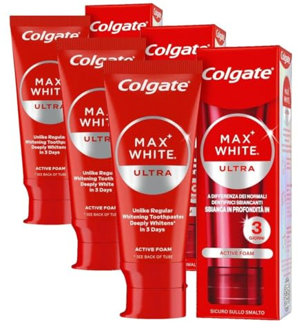 COLGATE Max White Ultra Active Foam Pasta de Dientes Blanqueadora con Flúor, 50ml, Dentífrico Blanqueador Seguro con el Esmalte, Dientes más Blancos en Sólo 3 Días*, Elimina Manchas Profundas*