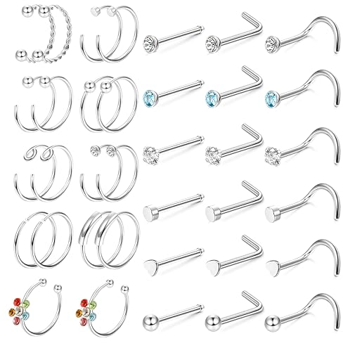 Dochais 36 Stück Nasenstecker L Form, Nasenstecker Edelstahl, Nasenring Silber, Nasenpiercing Stecker Klein, Nasenring Piercing Set, Nasenringe Hoop Septum Ringe für Frauen Männer 20G