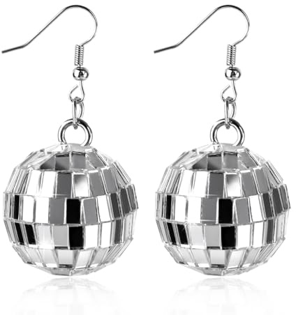 Discokugel-Ohrringe, Silberne Kugel-Ohrringe Lustige Ohrringe Disco-Accessoires 70er-Jahre-Spiegel Disco-Cowgirl-Outfit für Frauen