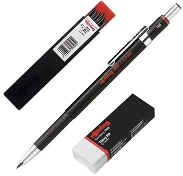 rOtring Druckbleistift, 300, 2,0 mm, nachfüllbar mit Spitzer unter Kappe, 1 Stück mit Radiergummi + Packung mit 2,0 mm Graphiten