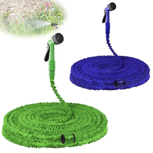75ft/100ft/150ft/200ft Expanding Garden Water Hose Pipe with 7 Function Spray Nozzle & 3/4, 1/2 Fittings 3 Times Expandable Flexible Magic Hose Anti-Leakage Lightweight Easy Storage (200ft, Blue)