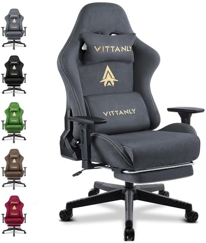 Vittanly Gaming Stuhl, Luxuriöser Wildlederimitat Gaming Chair Bürostuhl, Ergonomischer Schreibtischstuhl mit Fußstütze Kopfstütze und Lendenkissen, 3D Armlehnen, 90-155° Rückenlehne, Grau