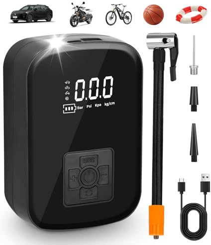 Compresseur à Air Portatif, Gonfleur Pneus Voiture 2 * 1800mAh, 150PSI Pompe à Air Électrique, Type-C USB Charge, 4 Modes, Mini Gonfleur Electrique Rechargeable pour Vélo Moto Scoote Balle, Noir