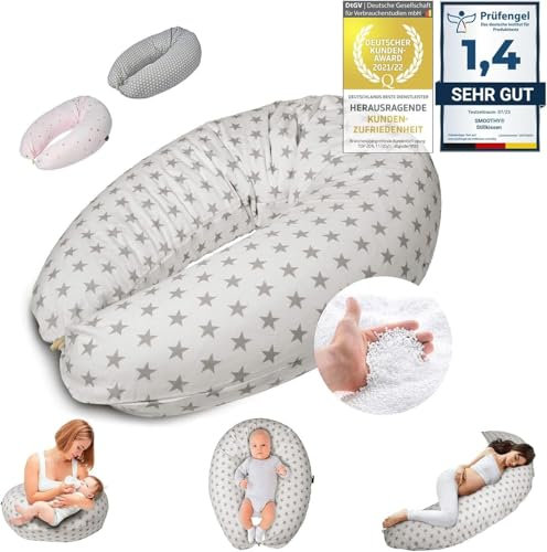 SMOOTHY® Stillkissen Schwangerschaftskissen XXL Premium Seitenschläfer-Kissen; Baumwoll-Bezug Schlafkissen & Lagerungs-Kissen für Mutter (Beige Sterne, Bezug + EPS-Perlen Füllung)