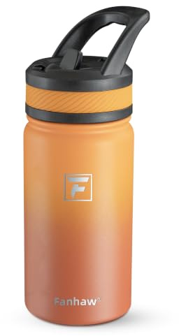 Fanhaw 420ml/14oz Kids Insulated Water Bottle with Straw Lid – Stainless Steel Double Wall Vacuum, Leak-Proof, BPA-Free Water Bottles for School Boys & Girls(Yellow Orange)