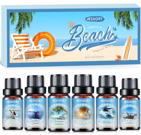 AESHORY Strand Ätherische Öle Set 6 x 10ML, Sommer Aroma Öl, Aromatherapie Duftöl für Diffuser - Hawaiianische Sonnenbräune/Spaziergang am Meer/Meeresbrise/Sonne & Sand/Steinsalz & Treibholz/Meeres