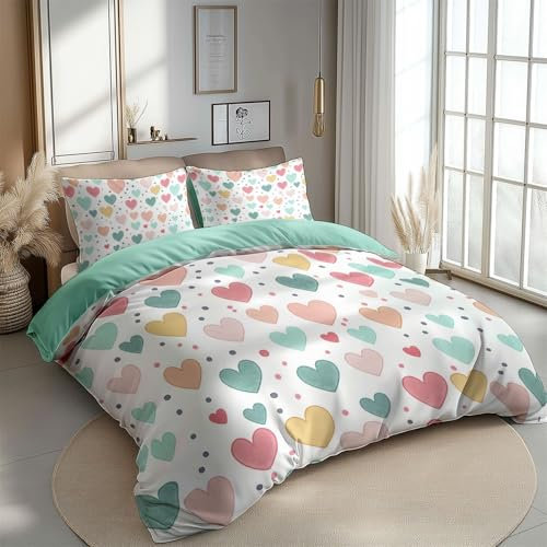 Copripiumino Forma Di Cuore Vintage Stampato 200 x 200 cm Turchese Set biancheria da letto reversibile in microfibra con set copripiumino con cerniera