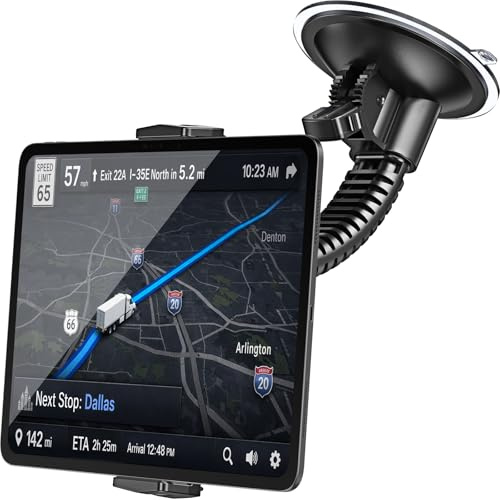 APPS2Car Heavy-Duty Truck Tablet Holder, 4.33 Extra Large Vacuum Suction Cup, Ultra Stable Double-Rib Metal Arm Anti-Shake, Adjustable Tablet Car Mount for iPad fit Pickup Trucks, Semi Truck, Tractor