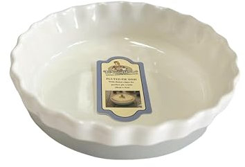 Vintage Gourmet Classic Stoneware Glazed Round Deep Ceramic Pie Dish, White Fluted Edges for Making Perfect Pies Serve Oven to Table 20cm or 26cm Diameter by 5cm Depth Oven-Safe up to 250°C (20 cm)