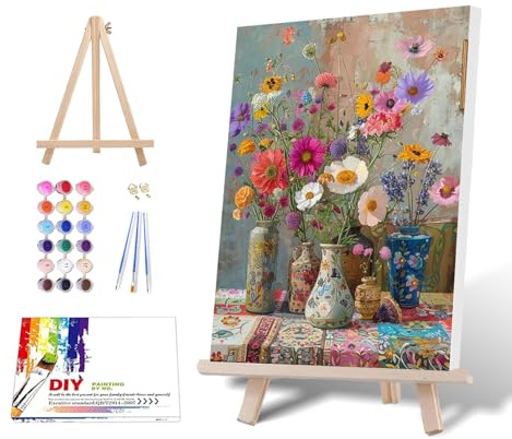 Yaostarart Peinture par numéros encadrée avec chevalet en bois - Peinture par numéros pour adultes, fleurs dans un vase - Kit de peinture à l'huile acrylique dans une boîte cadeau - Décoration murale