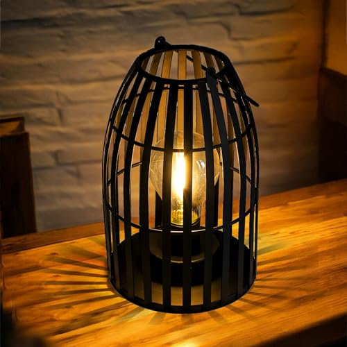 Farolillo decorativo negro con bombilla LED y asa de transporte, 21 x 13 cm, linterna de metal blanco cálido, iluminado con pilas, lámpara decorativa de mesa, lámpara de ambiente para mesita de noche,