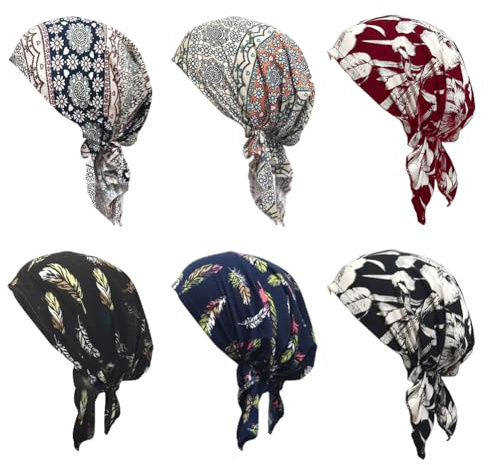Chemo-Kopfbedeckung für Damen, vorgebundene Kopftücher, Turban, Beanie-Mützen, Krebs, Kopftuch für Haarausfall, 6 Stück