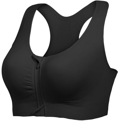Lemef Front Zipper Sports Bras High Impack Post Op Compression Bras for Women Post Surgery Wireless Racerback Yoga Bra Black L