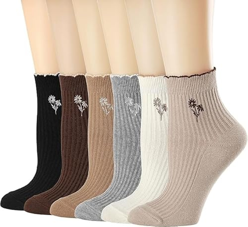 BROPAPA Damstrumpor, volang turn-manschett casual ankel andningsbar cool stickad bomullssallad besättning luftig strumpa 6-pack, 6 färger (svart, vit, grå, kaffe, mörk kaki, ljus kaki), 37-42 EU