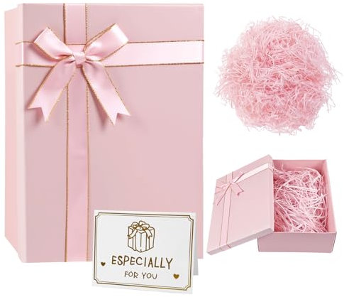 MSLHUB Geschenkbox mit Deckel, 28 x 20 x 9 cm Geschenk Box Karton Groß mit Schleife Grußkarte und Bast, Faltbare Geschenkverpackung Box für Geburtstag Hochzeit Weihnachten (Rosa)