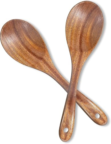 Wooden Cooking Spoons, 2 Pcs 26 cm Teak Wooden Spoons with Ergonomic Handle & Hanging Hole for Cooking, Scoop More in One Go, (Brown)