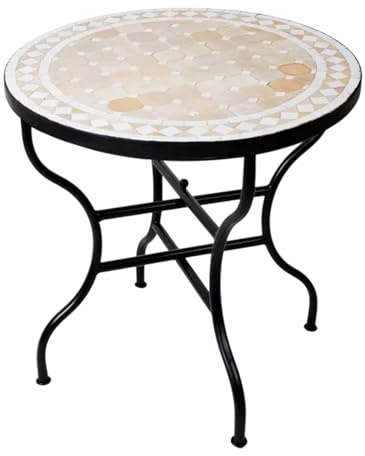 ORIGINAL Marokkanischer Mosaiktisch Gartentisch ø 80cm Groß rund klappbar | Runder klappbarer Mosaik Esstisch Mediterran | als Klapptisch für Balkon oder Garten | Marrakesch Natur Weiss 80cm