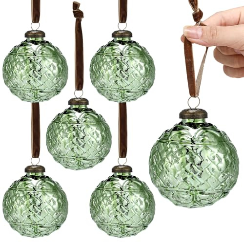 Threan 6 Stück große Vintage-Weihnachtsschmuck aus Quecksilberglas, 8 cm, hängende Weihnachtskugel, antike, geprägte Kugel-Dekorationen für Weihnachtsbaum, Girlande, Kranz, Urlaubsdekoration (grün