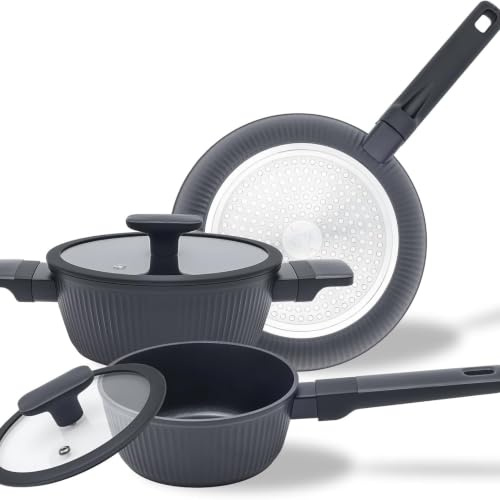 Jovire Small Saucepan with Lid (Black Stripes, 5-pcs 28cm) | Suitable for induction & gas hobs | Dishwasher safe | PFOA‑free & PTFE‑free | Stylish & durable | Ergonomic handle
